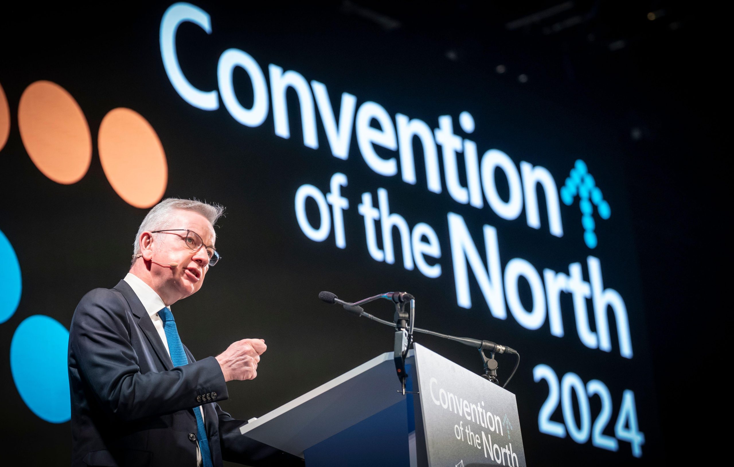 2WN9AR8 Secretary of State for Levelling Up, Housing and Communities, Michael Gove addresses the Convention of the North, an annual gathering of Northern business, political and civic leaders, including mayors of northern cities, at the Royal Armouries in Leeds. Picture date: Friday March 1, 2024.